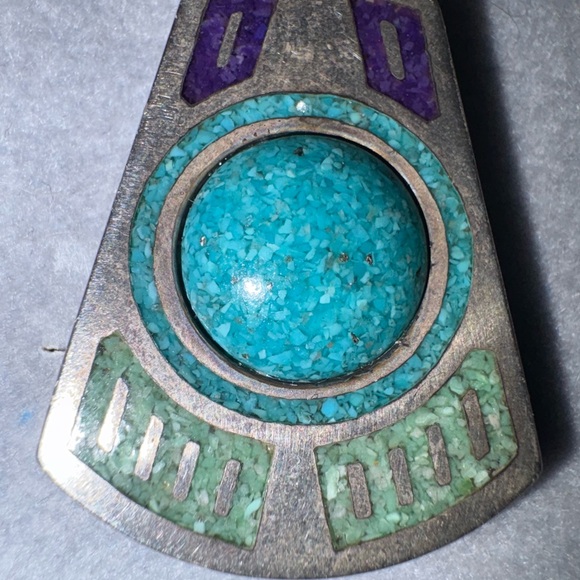 VTG RARE Sterling Silver 925 CCO Native American Turquoise Inlay Pendant 1.75 - Picture 4 of 13